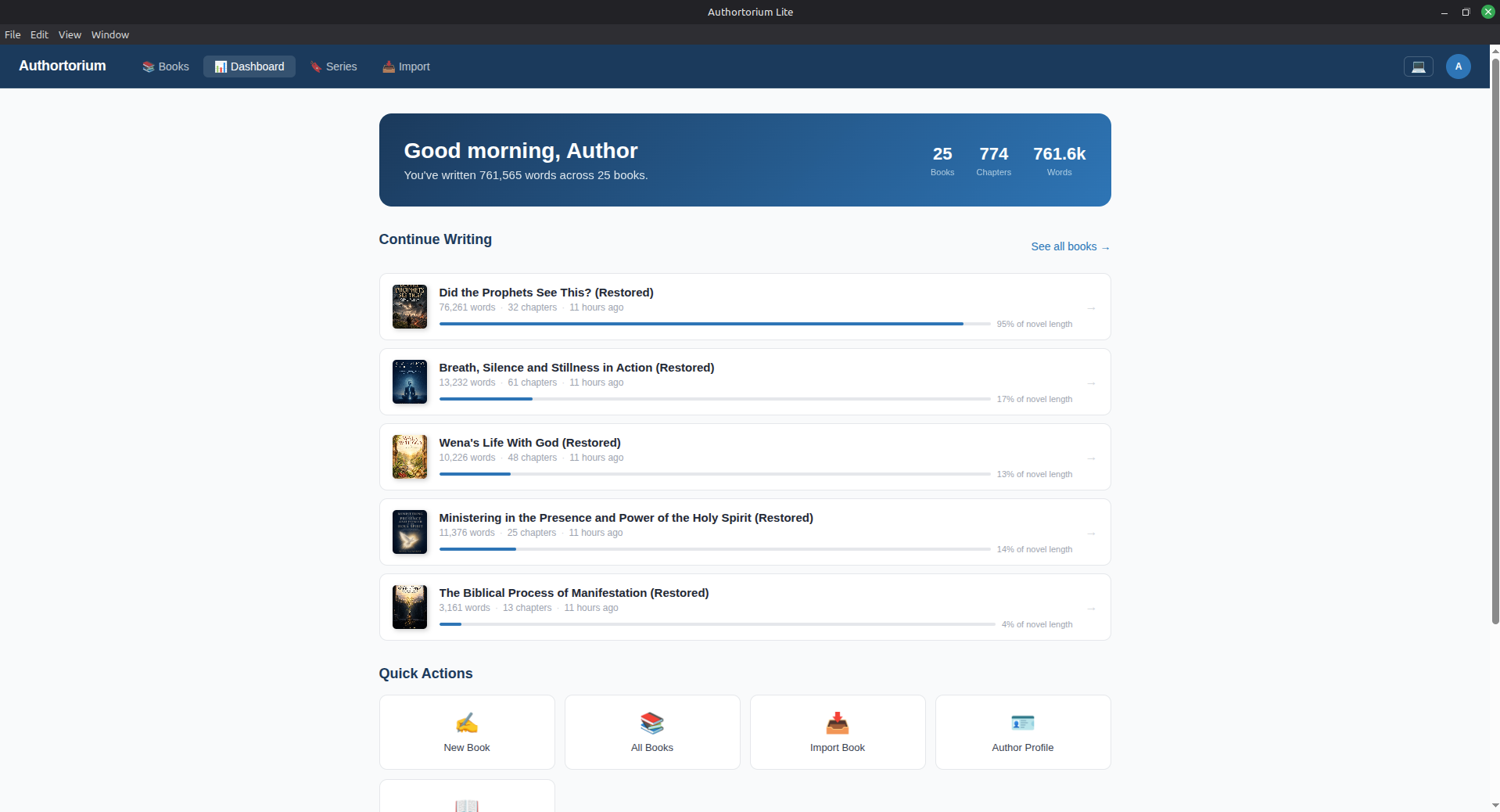 Authortorium Lite dashboard showing a library of books, word counts, and progress
