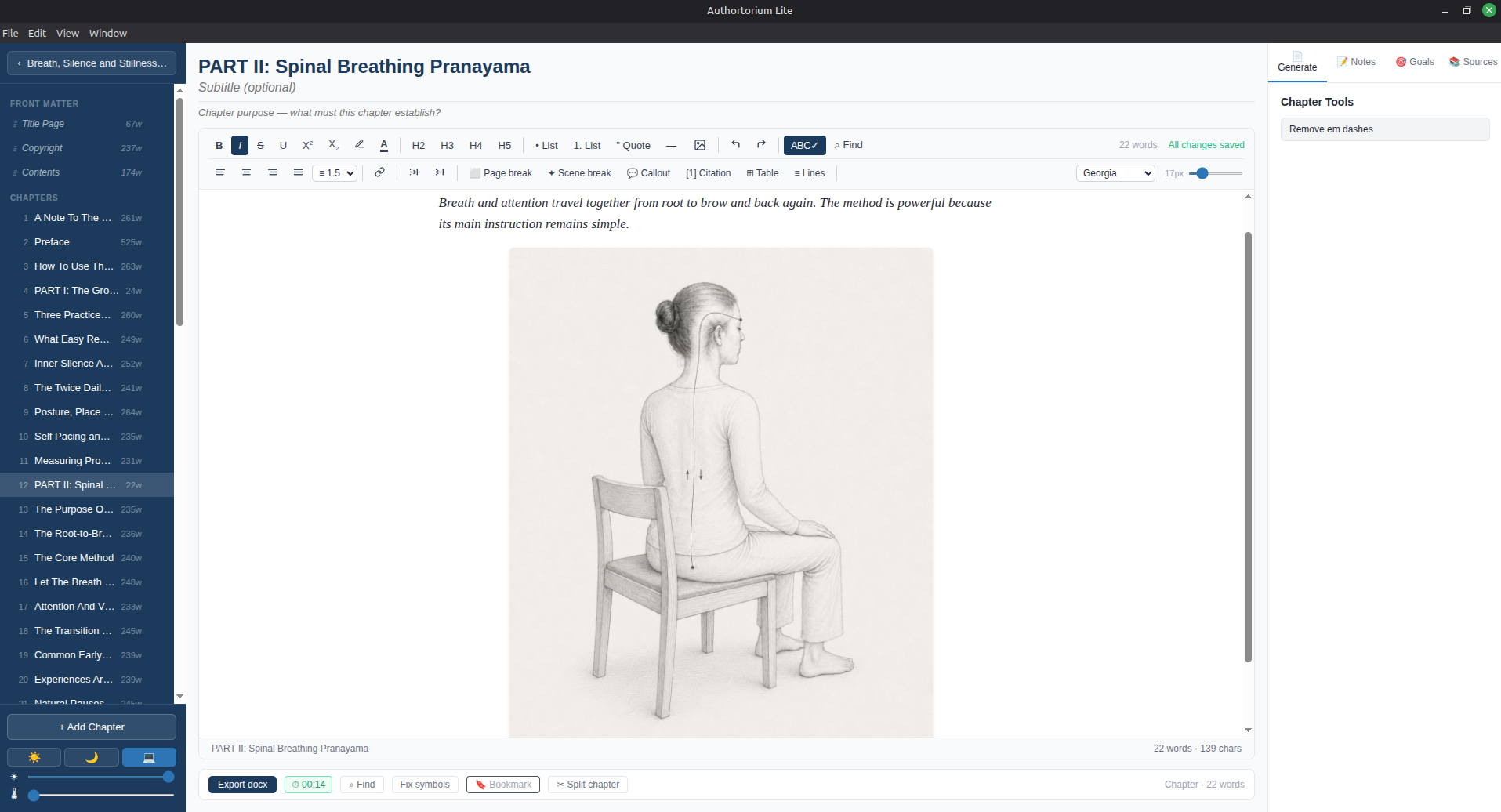 A focused writing surface, chapter by chapter
